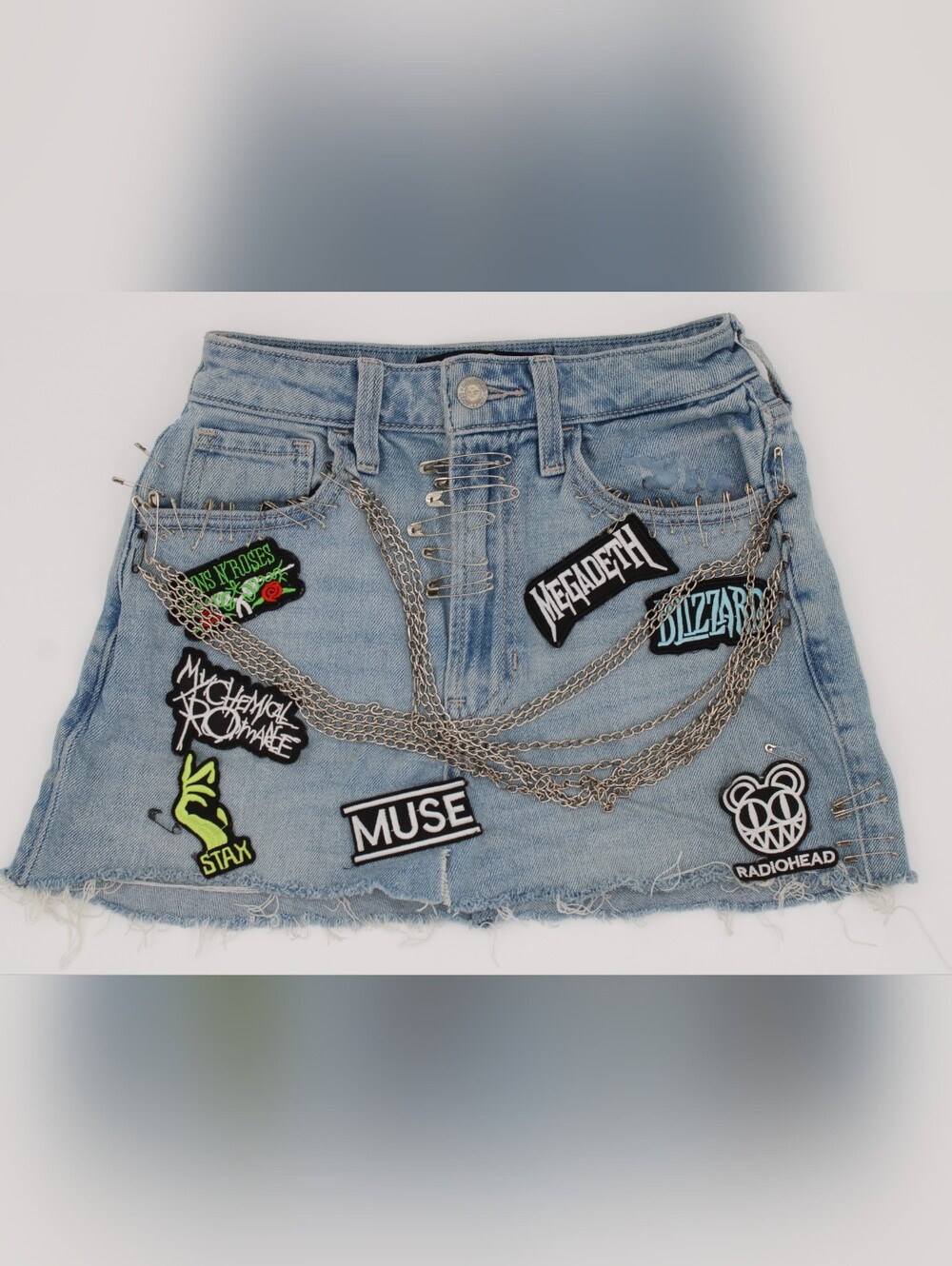 Hollister Custom Punk Rock Denim Mini Skirt Band Patches Chains Size 00R